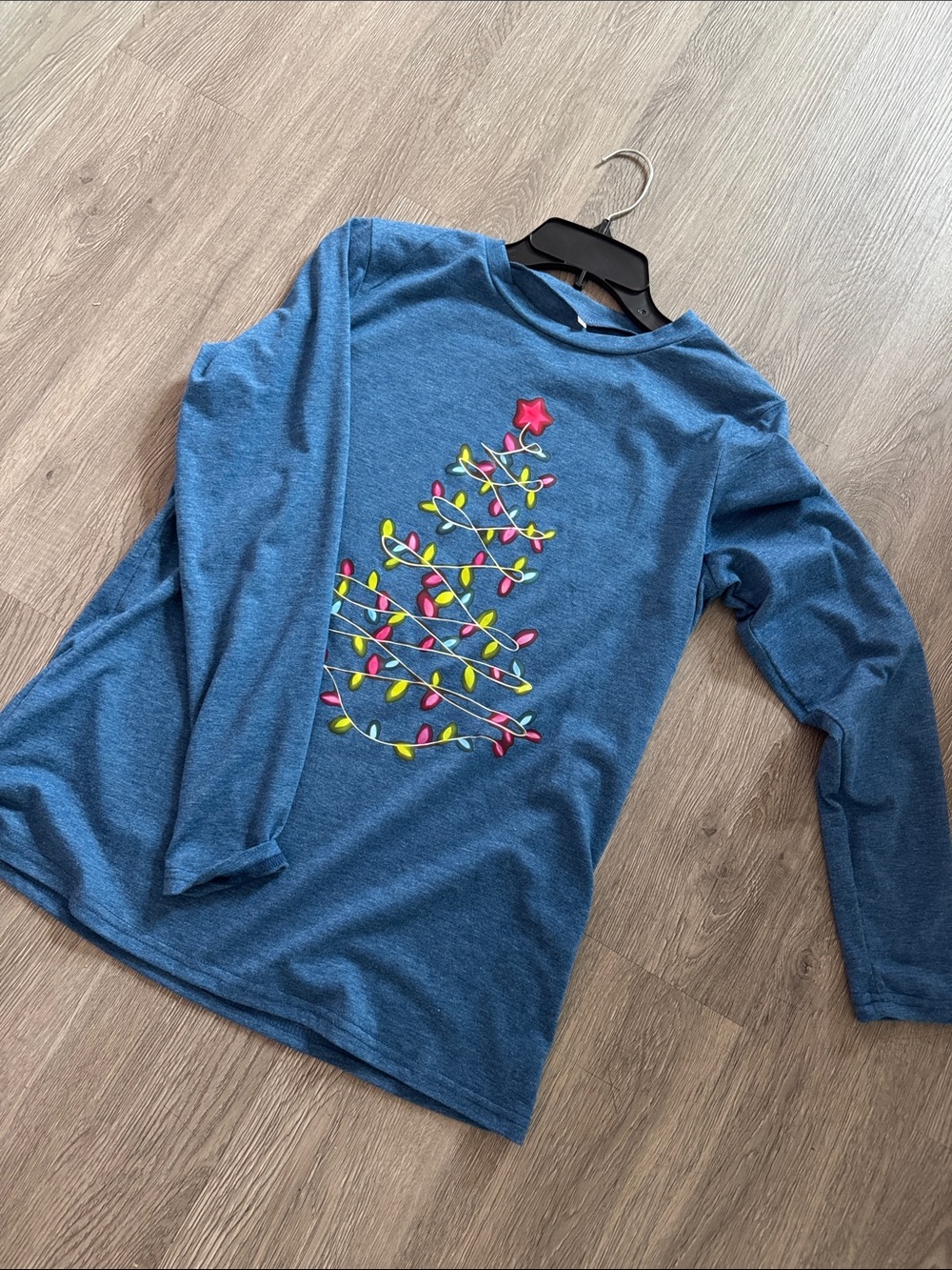 Blue Long-Sleeve Tee with Holiday Light Tree Graphic